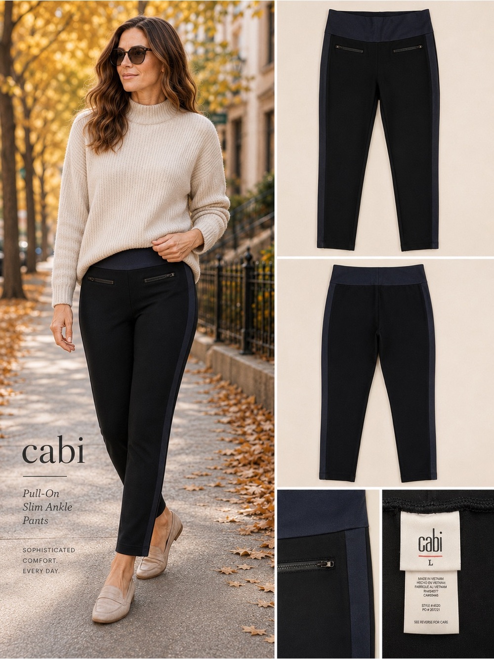 CAbi Tuxedo Leggings 4323 Black Ponte Satin Stripe Pull On Ankle Pants Large L